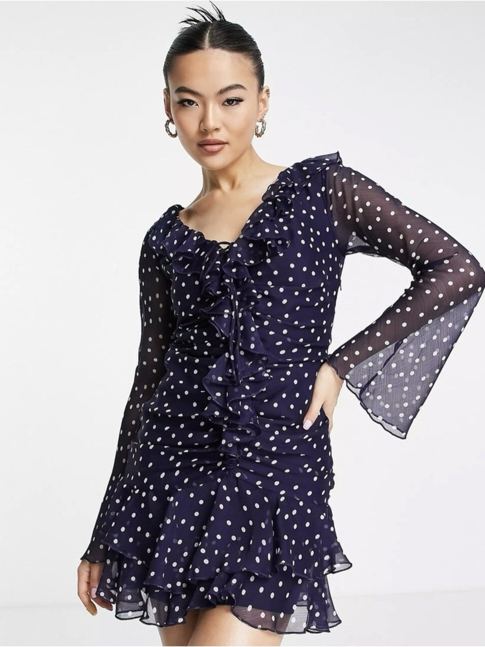 ASOS Polka Dot Ruffle Mini Dress - Navy